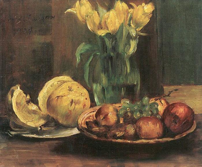 Lovis Corinth Stillleben mit gelben Tulpen, apfeln und Grapefruit oil painting image